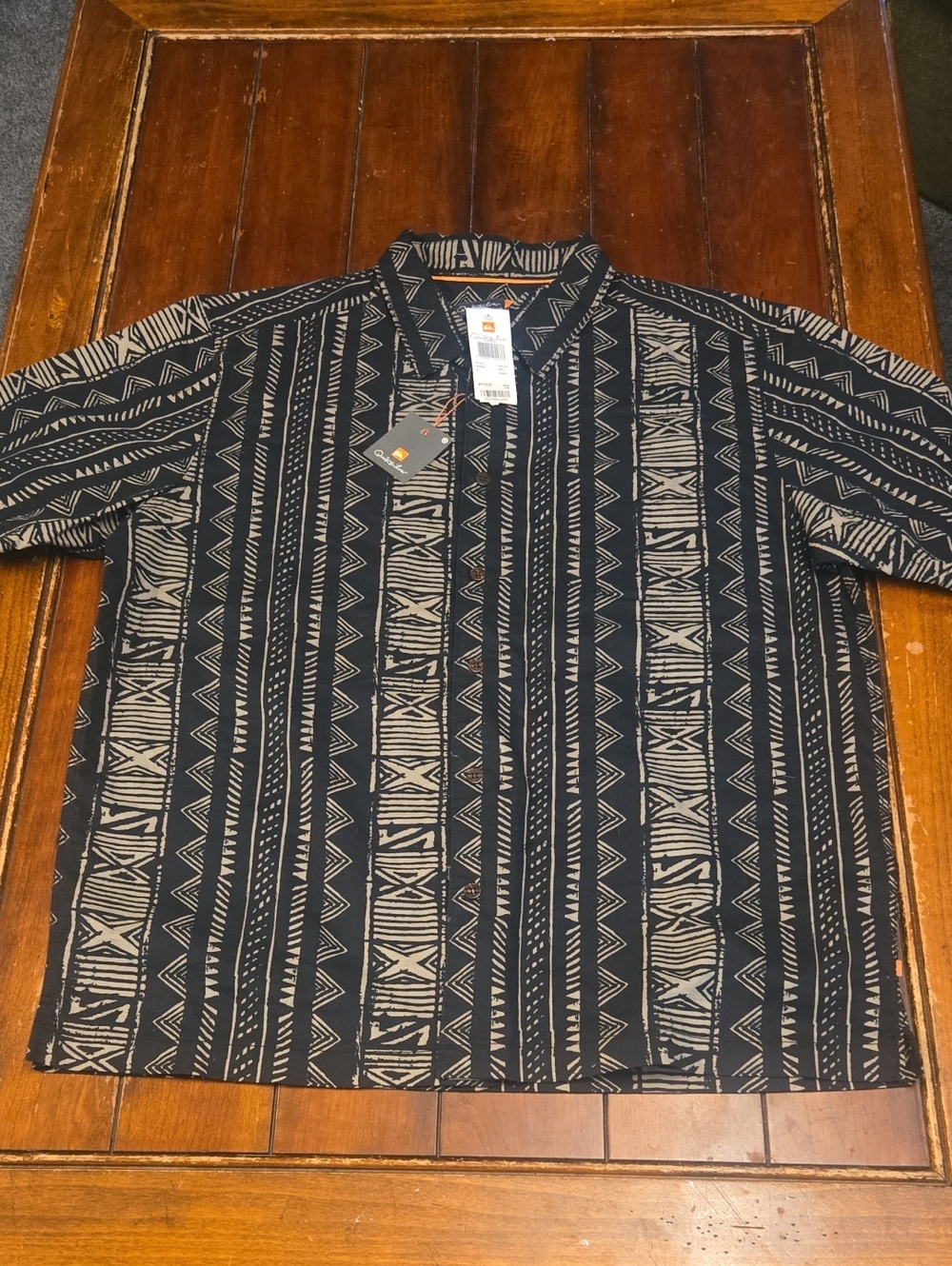 Quiksilver Black Short-Sleeve Button-Up with Tan Tribal Stripes